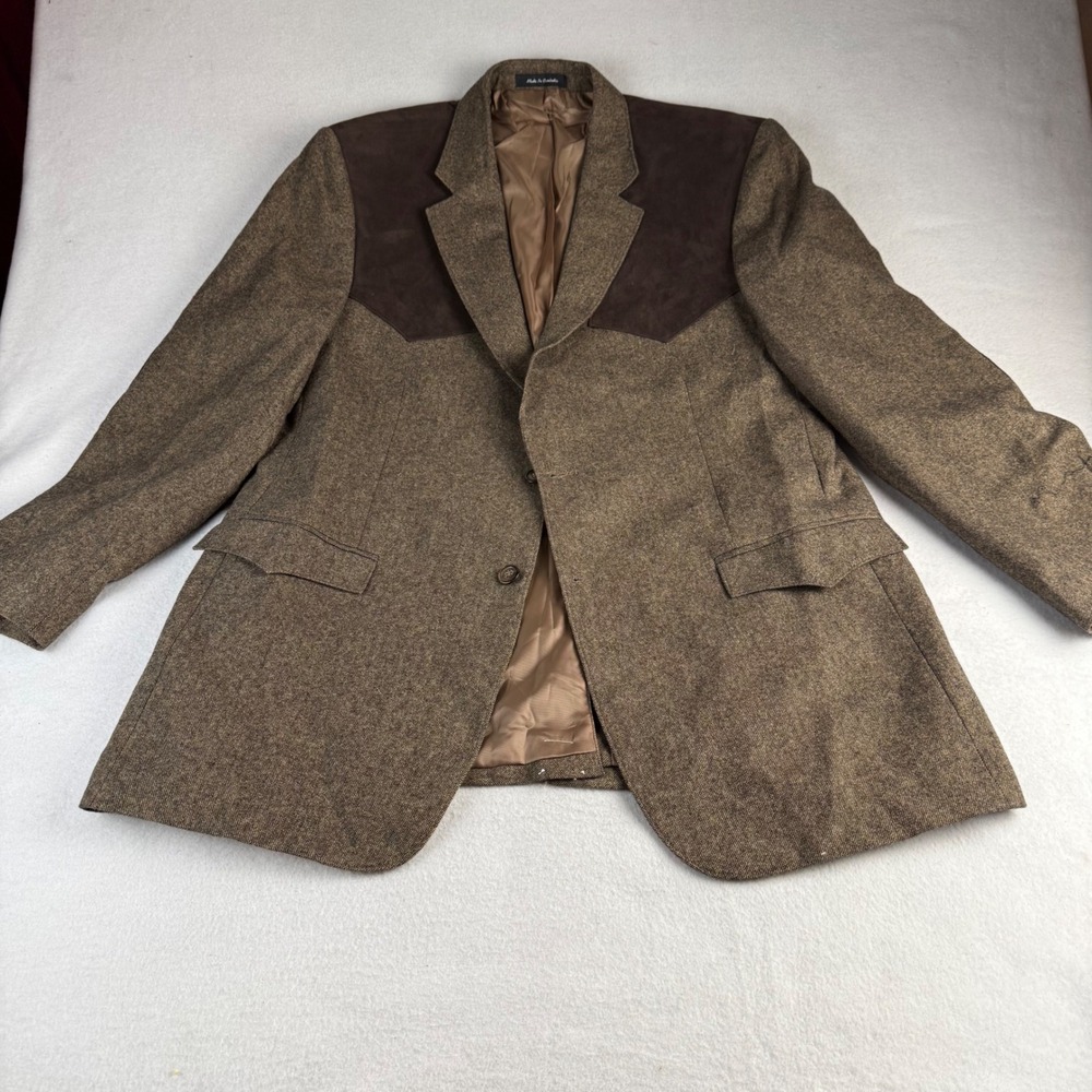 Red Sky Men's 44L Tan Donegal Wool Blend Western Blazer Suede Yoke Elbow Patches